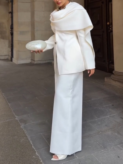 Elegant Cape Collar Blazer + Wide Leg Pants Suit