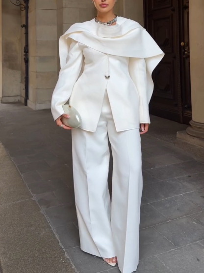 Elegant Cape Collar Blazer + Wide Leg Pants Suit