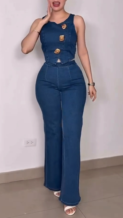 Women Round-neck Button-down Top + Pants Casual Denim Suit