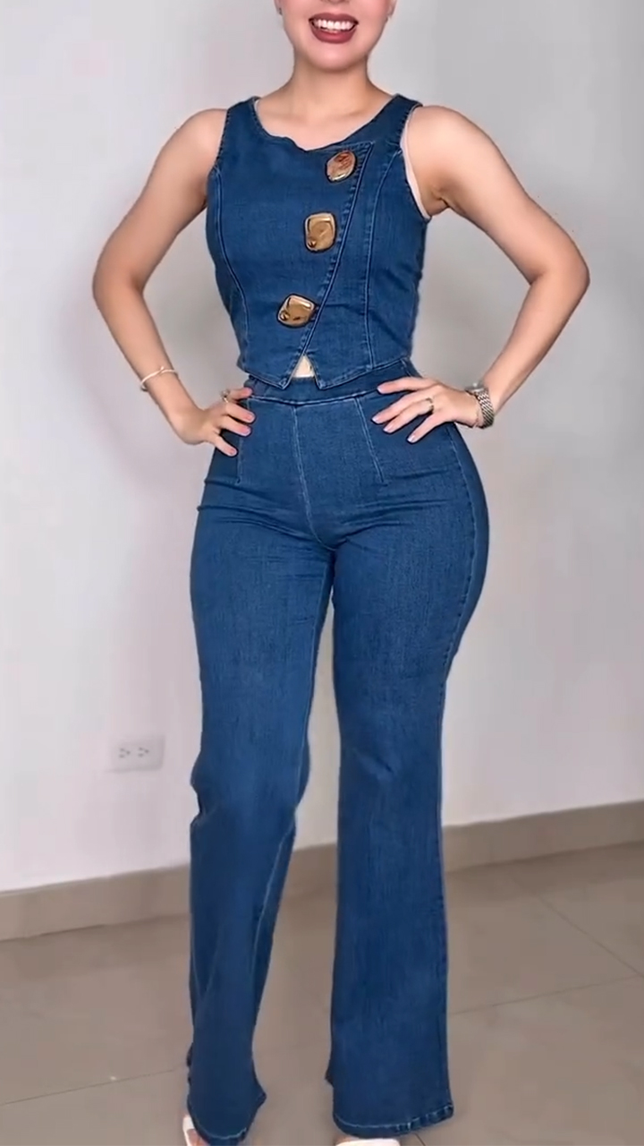 Women Round-neck Button-down Top + Pants Casual Denim Suit