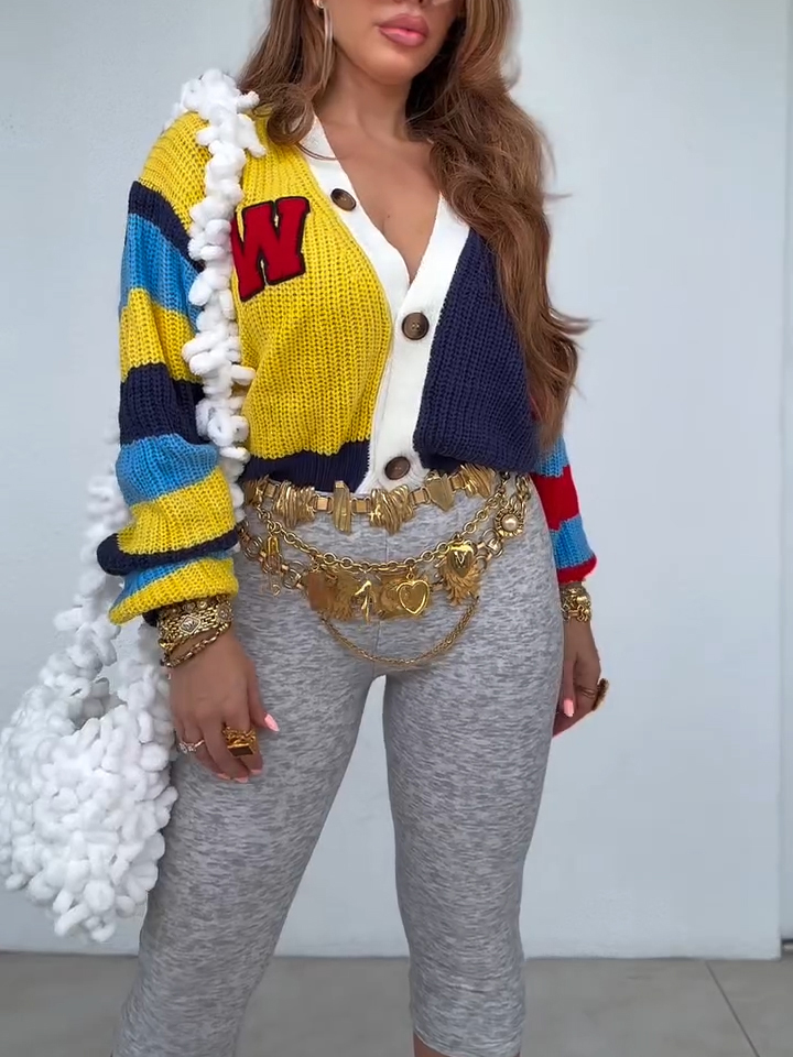 Fashion Colorblock Short Chunky Knit Cardigan