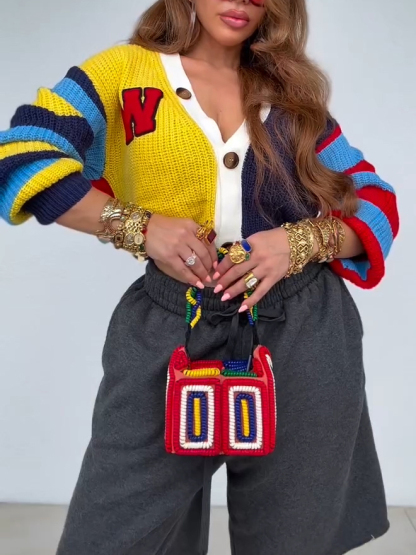 Fashion Colorblock Short Chunky Knit Cardigan