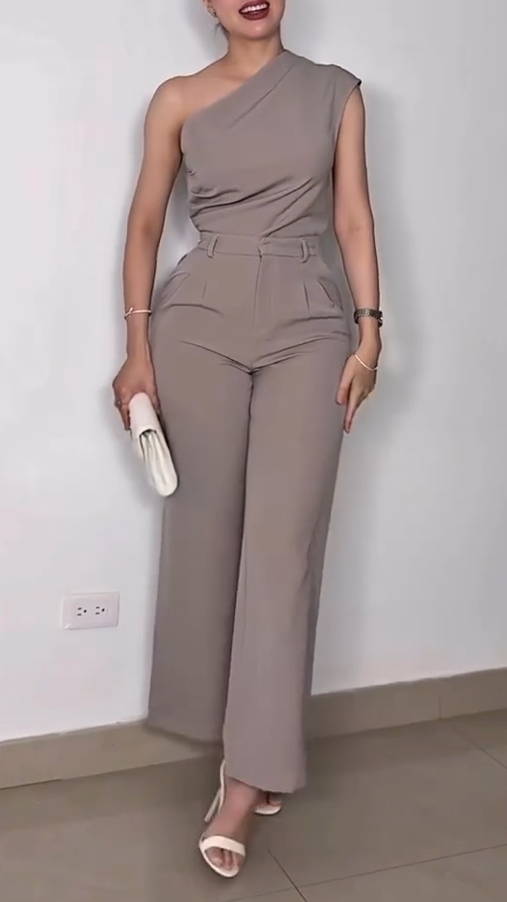 Women Slant Collar Top + Pants Solid Color Casual Suit