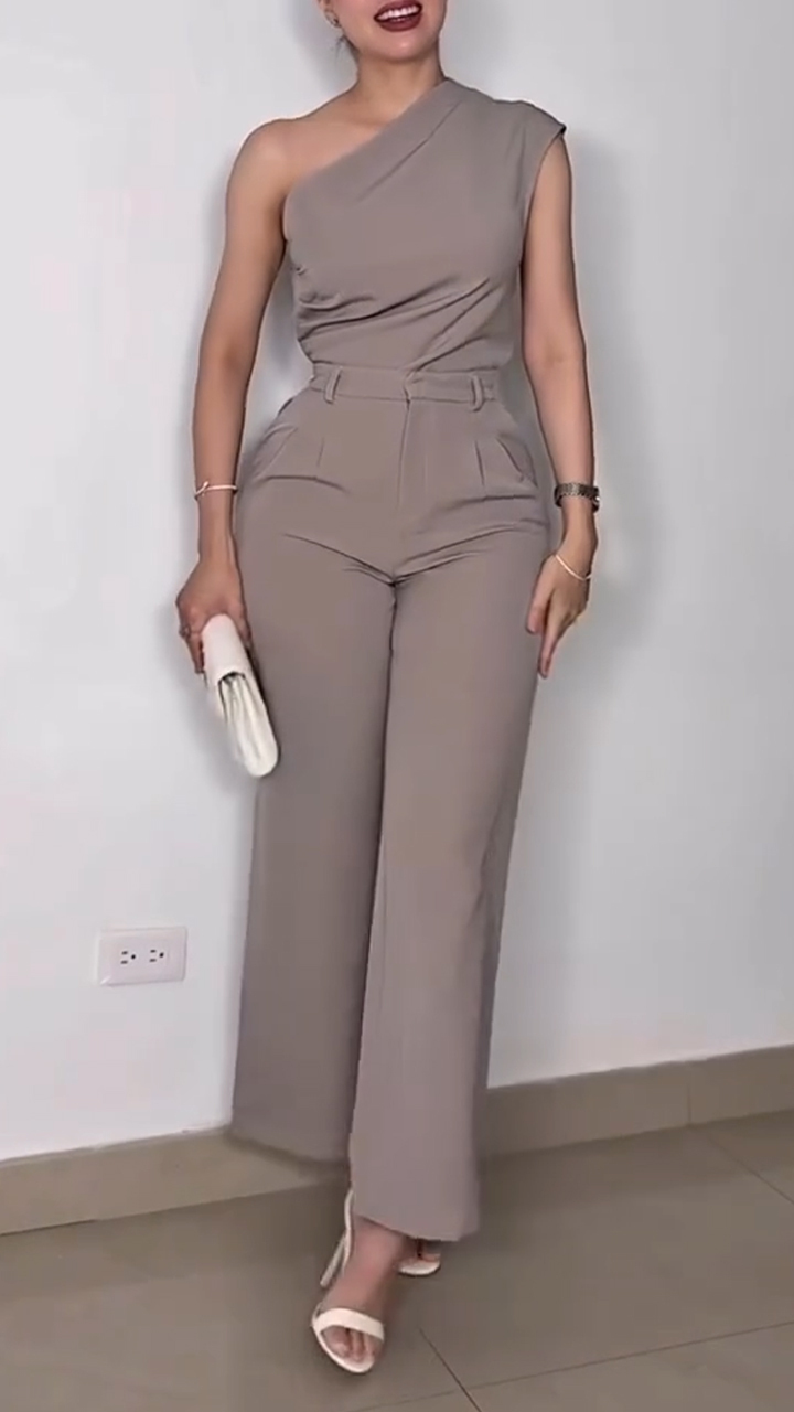 Women Slant Collar Top + Pants Solid Color Casual Suit