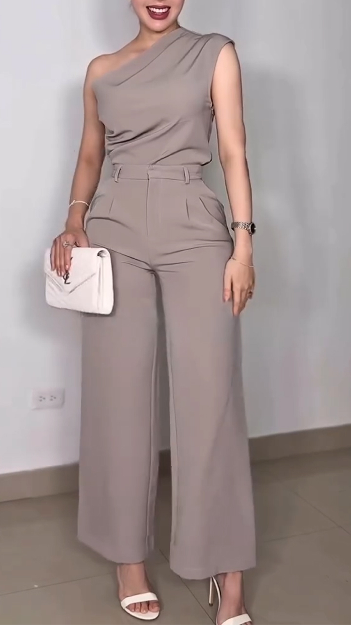 Women Slant Collar Top + Pants Solid Color Casual Suit