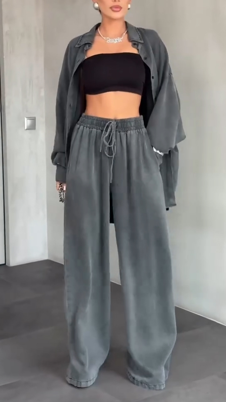 Women Lapel Buttoned Cardigan + Pants Solid Color Casual Suit