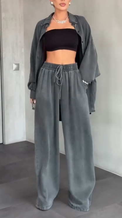 Women Lapel Buttoned Cardigan + Pants Solid Color Casual Suit