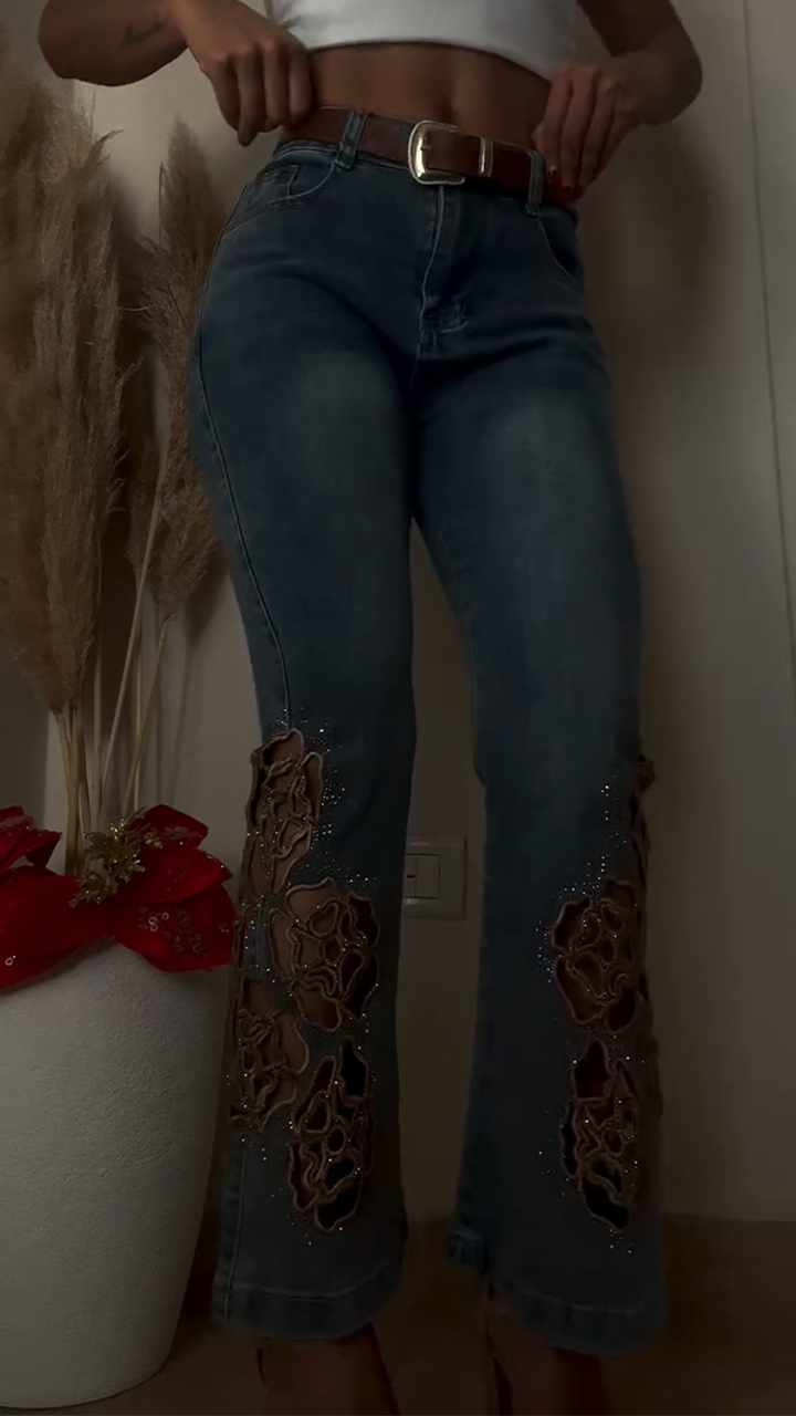 Women Printed Washed Hollow Rhinestone Casual Jeans