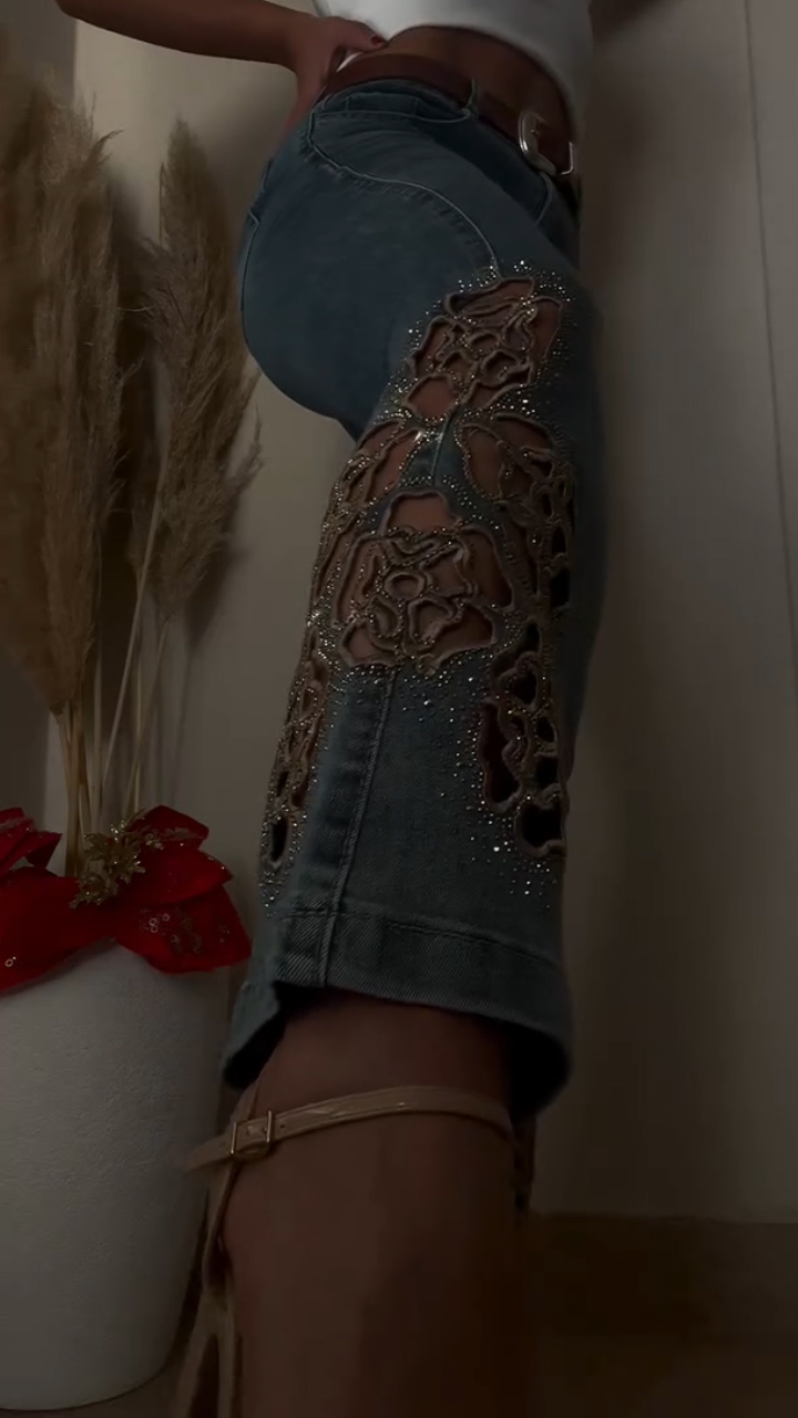 Women Printed Washed Hollow Rhinestone Casual Jeans