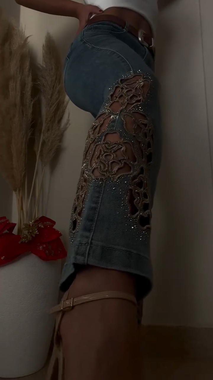 Women Printed Washed Hollow Rhinestone Casual Jeans