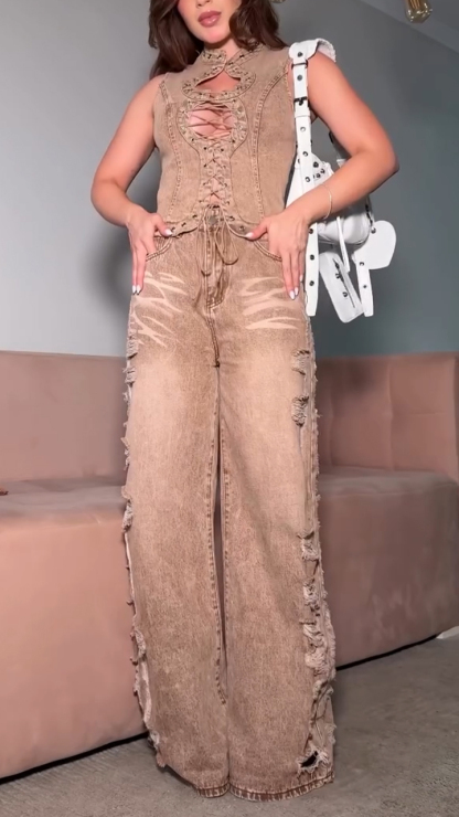 Women Round Neck Hollow Drawstring Patchwork Top + Scratched Pants Casual Suit