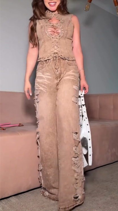 Women Round Neck Hollow Drawstring Patchwork Top + Scratched Pants Casual Suit