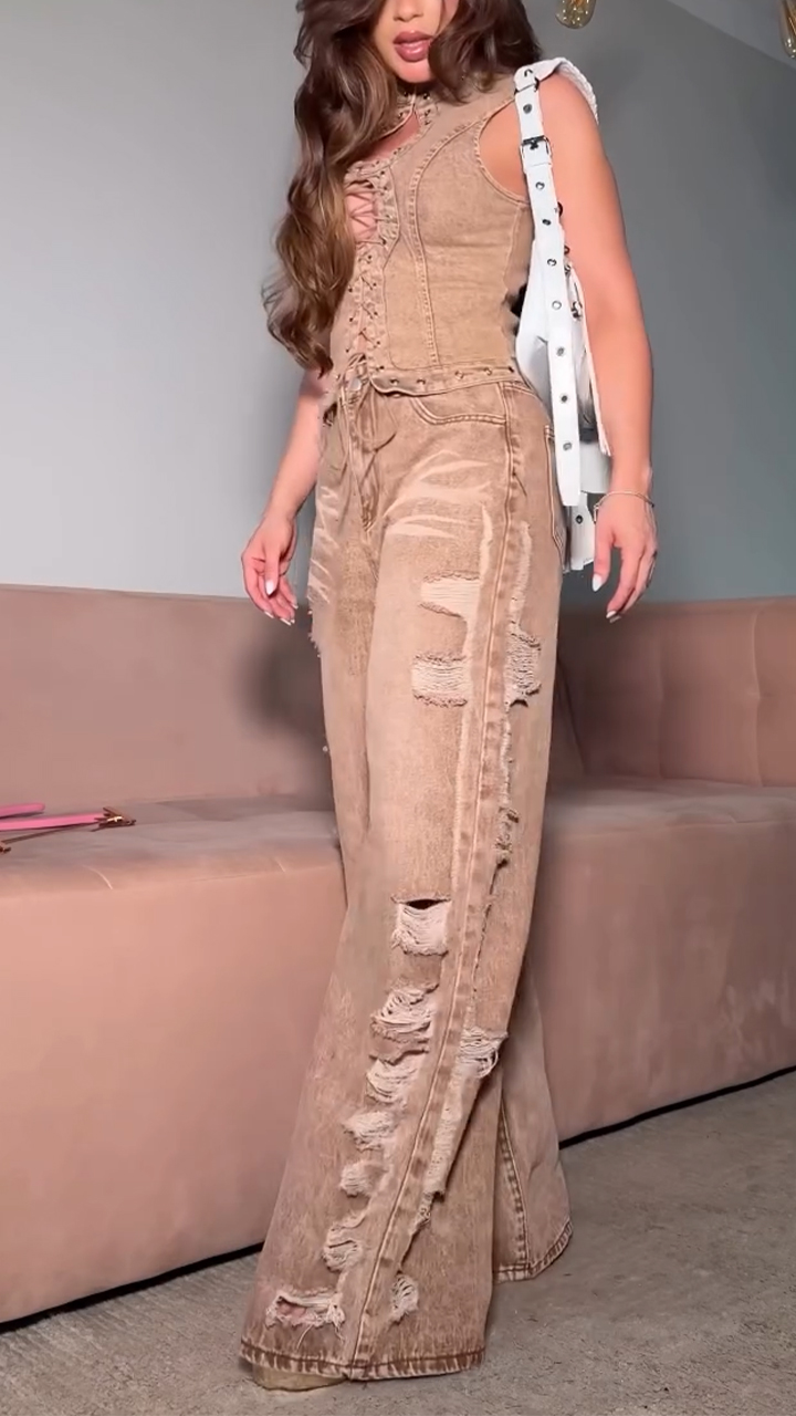 Women Round Neck Hollow Drawstring Patchwork Top + Scratched Pants Casual Suit