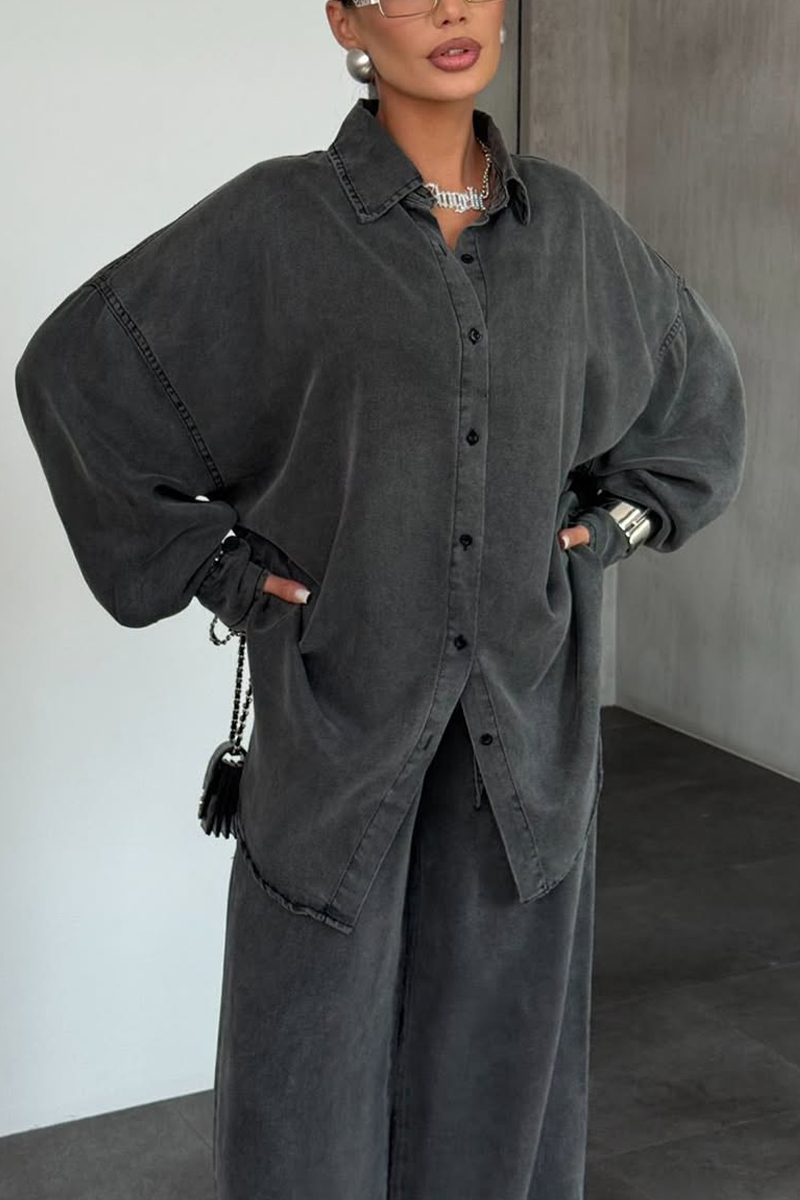 Women Lapel Buttoned Cardigan + Pants Solid Color Casual Suit