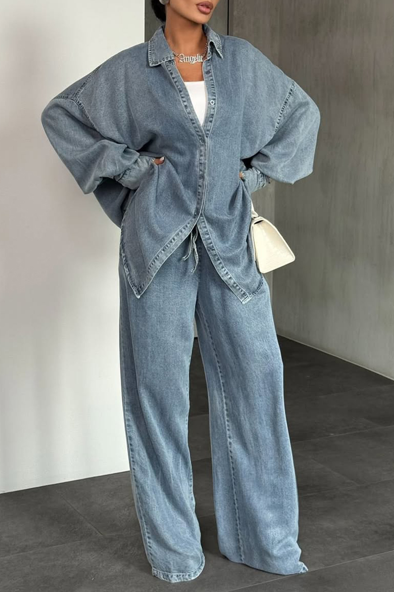 Women Lapel Buttoned Cardigan + Pants Solid Color Casual Suit