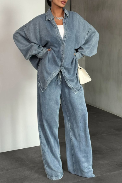 Women Lapel Buttoned Cardigan + Pants Solid Color Casual Suit