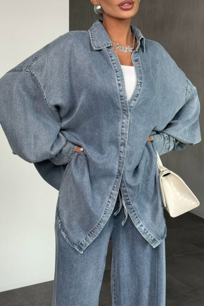 Women Lapel Buttoned Cardigan + Pants Solid Color Casual Suit