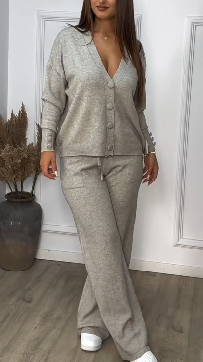 Women Button-down Cardigan + Pants Casual Suit