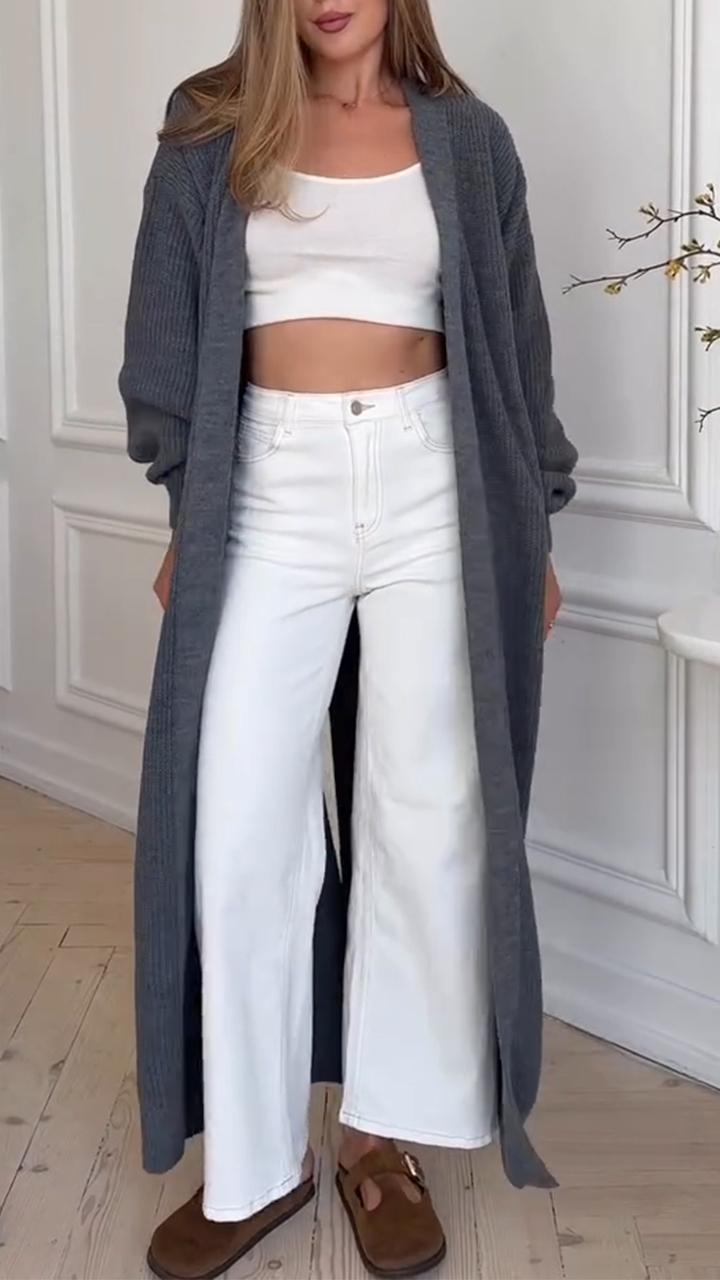 Women Solid Color Long Casual Knitted Cardigan