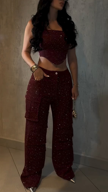 Women Irregular Hot Diamond Top + Pants Sexy Temperament Suit