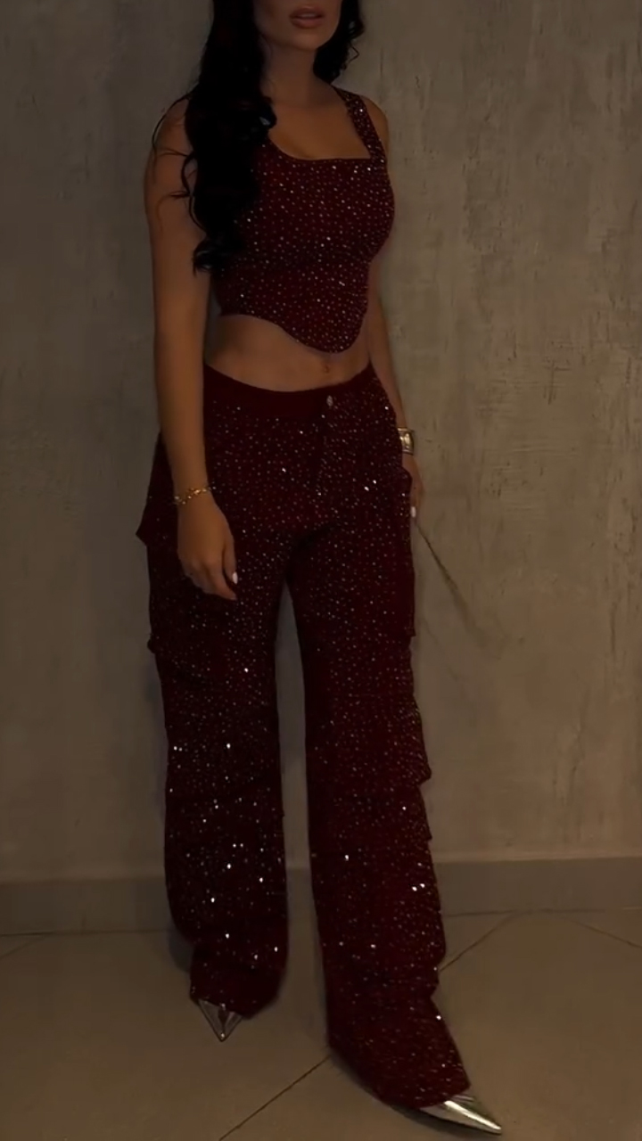 Women Irregular Hot Diamond Top + Pants Sexy Temperament Suit