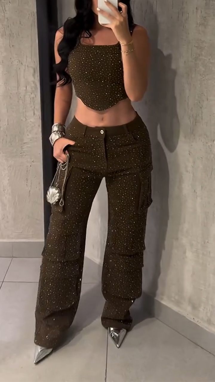 Women Irregular Hot Diamond Top + Pants Sexy Temperament Suit