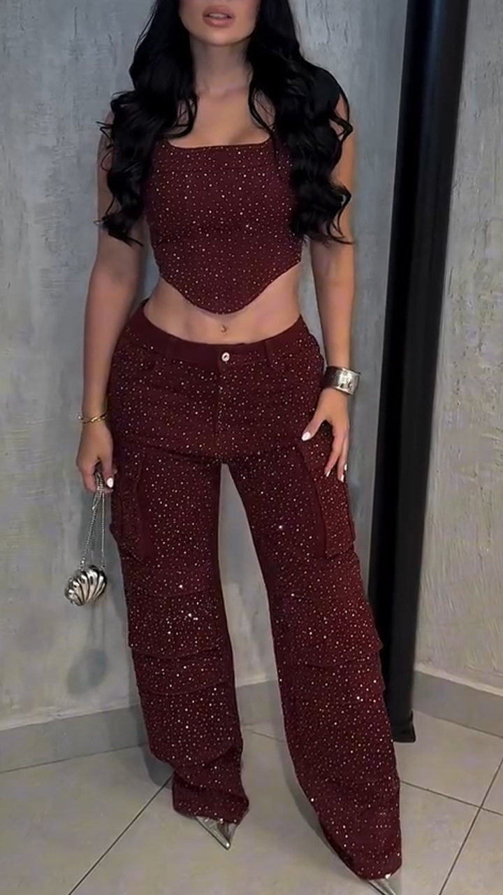 Women Irregular Hot Diamond Top + Pants Sexy Temperament Suit