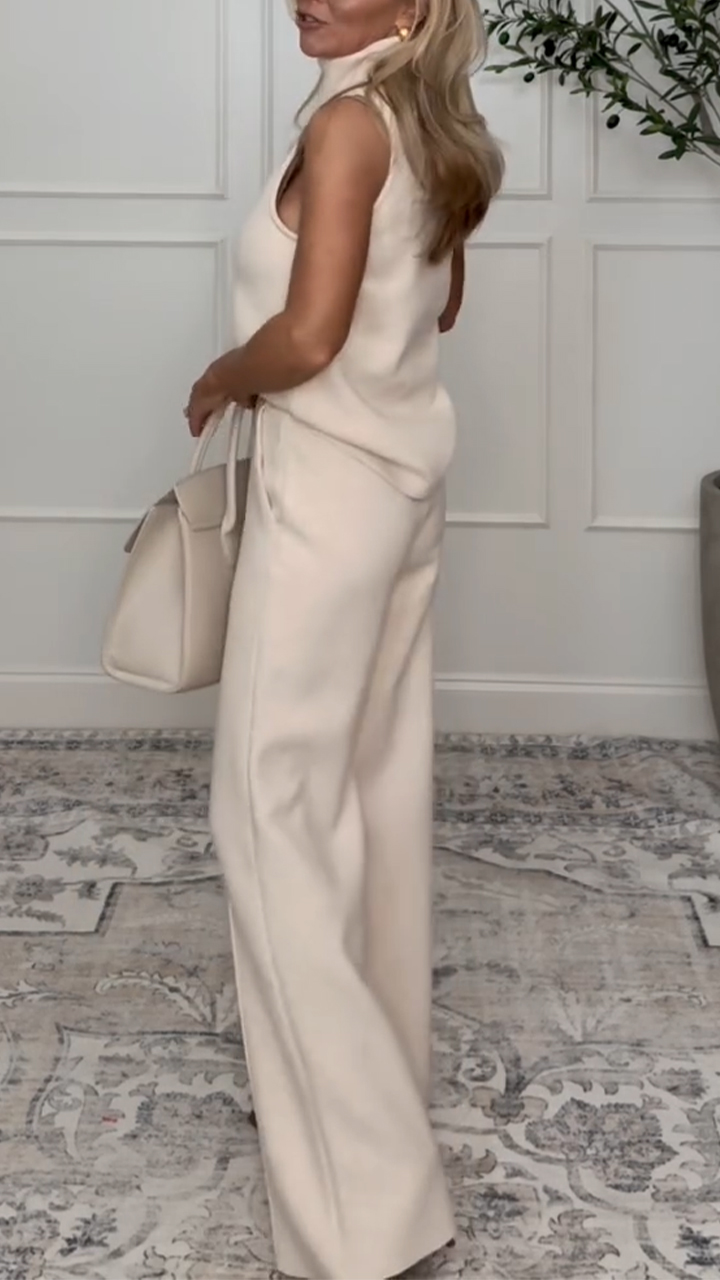 Women Turtleneck Top + Pants Solid Color Casual Suit