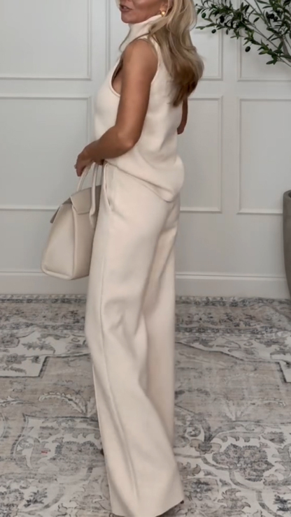 Women Turtleneck Top + Pants Solid Color Casual Suit