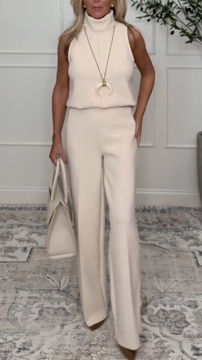 Women Turtleneck Top + Pants Solid Color Casual Suit