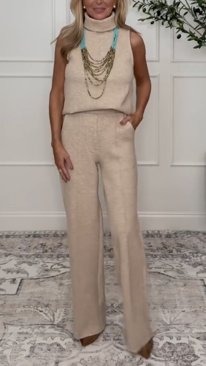 Women Turtleneck Top + Pants Solid Color Casual Suit