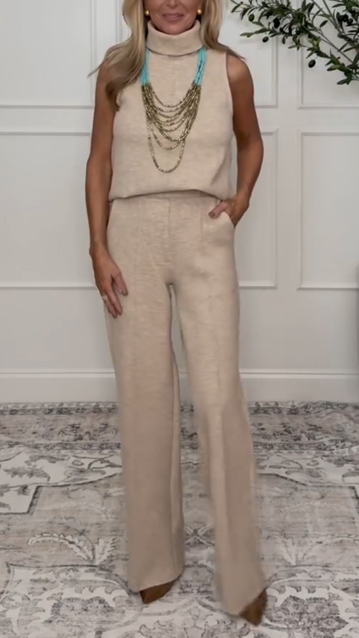 Women Turtleneck Top + Pants Solid Color Casual Suit