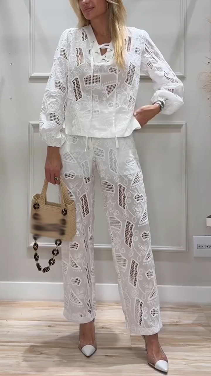 Women V-neck Printed Hollow Casual Suit