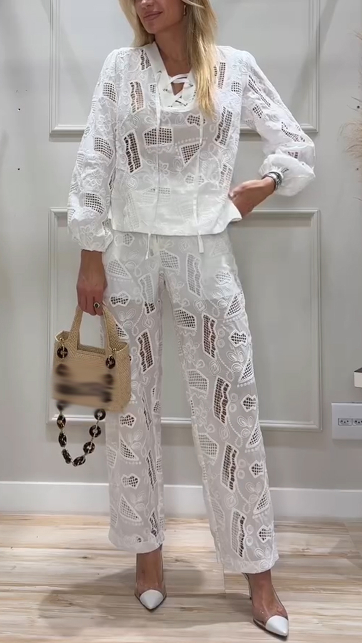 Women V-neck Printed Hollow Casual Suit