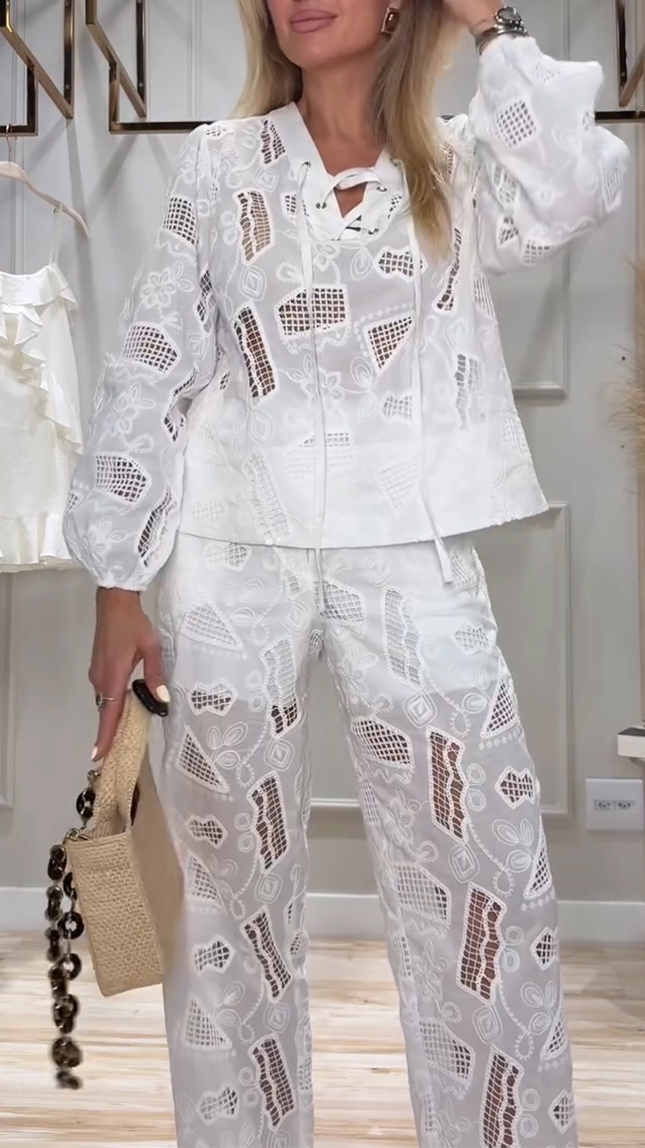 Women V-neck Printed Hollow Casual Suit