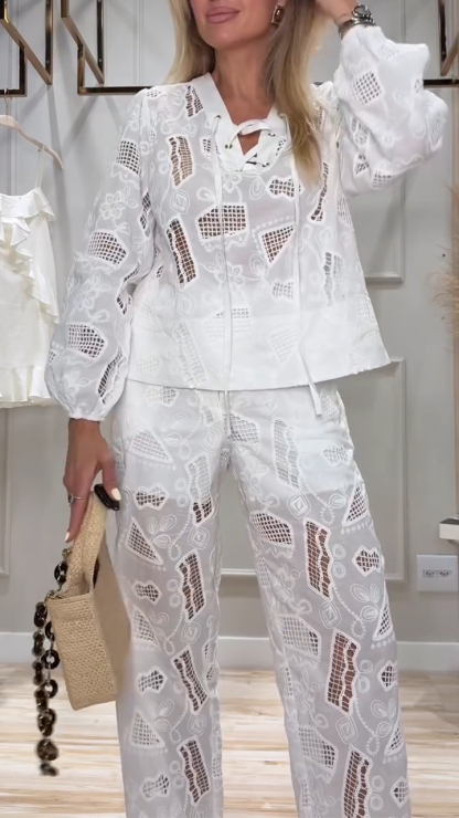 Women V-neck Printed Hollow Casual Suit