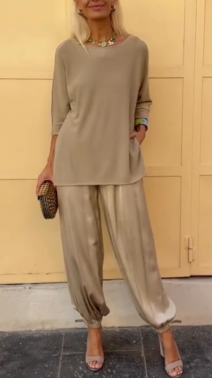 Womens Round Neck Top + Pants Casual Suit