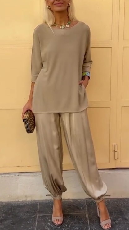 Womens Round Neck Top + Pants Casual Suit