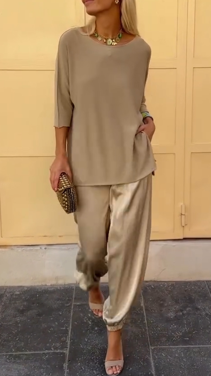 Womens Round Neck Top + Pants Casual Suit