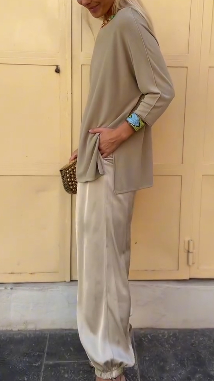 Womens Round Neck Top + Pants Casual Suit