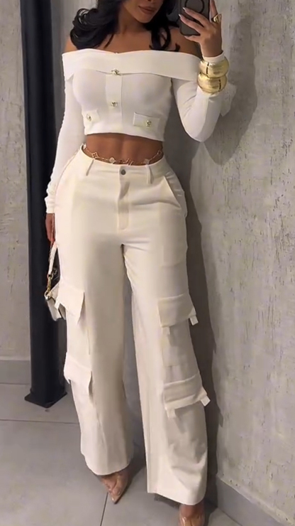 Women's One-shoulder Top + Wide-leg Work Pants Casual Suit