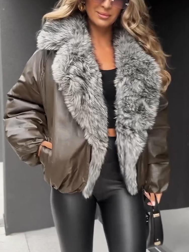 Women Fur Collar Leather Temperament Casual Coat