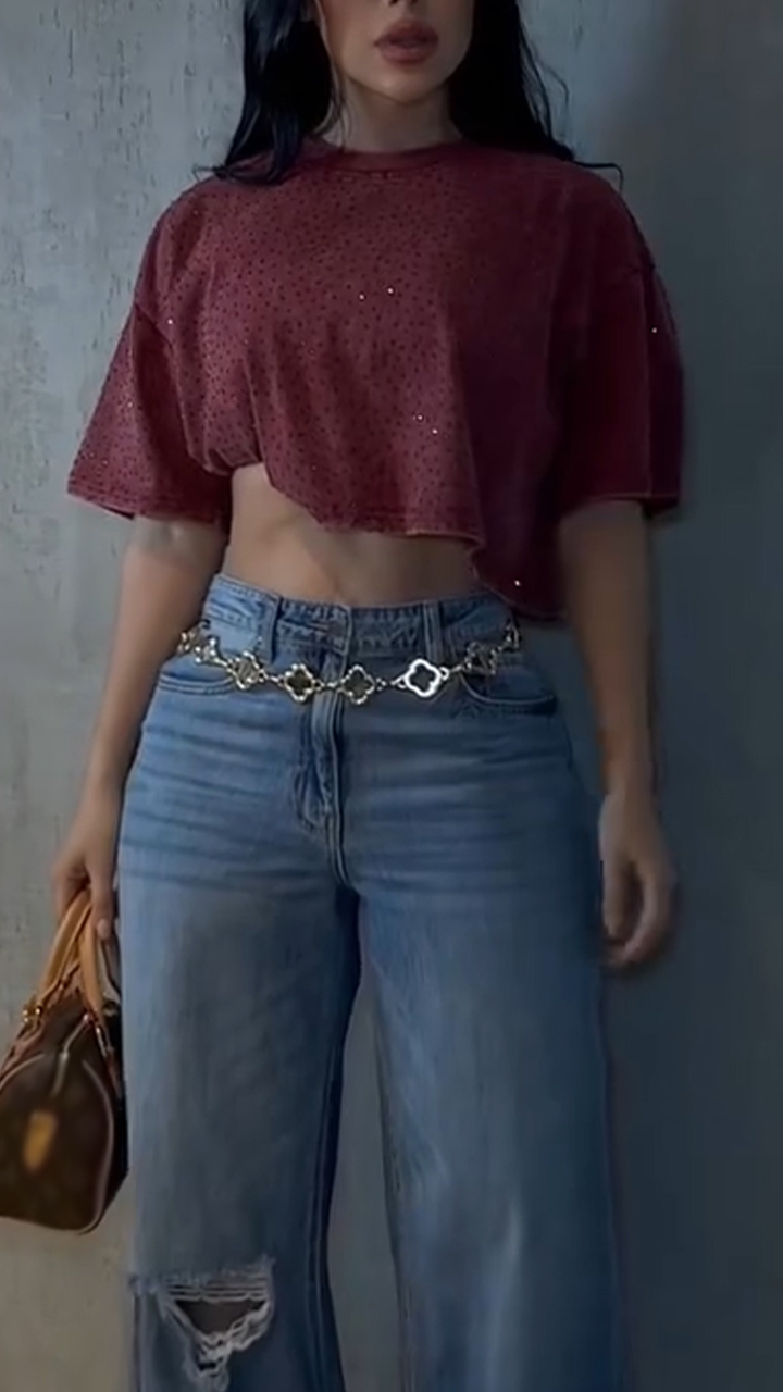 Women Round Neck Rhinestone Top + Jeans Casual Suit