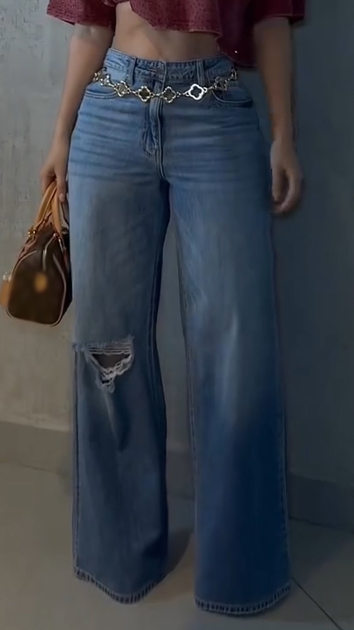 Women Round Neck Rhinestone Top + Jeans Casual Suit