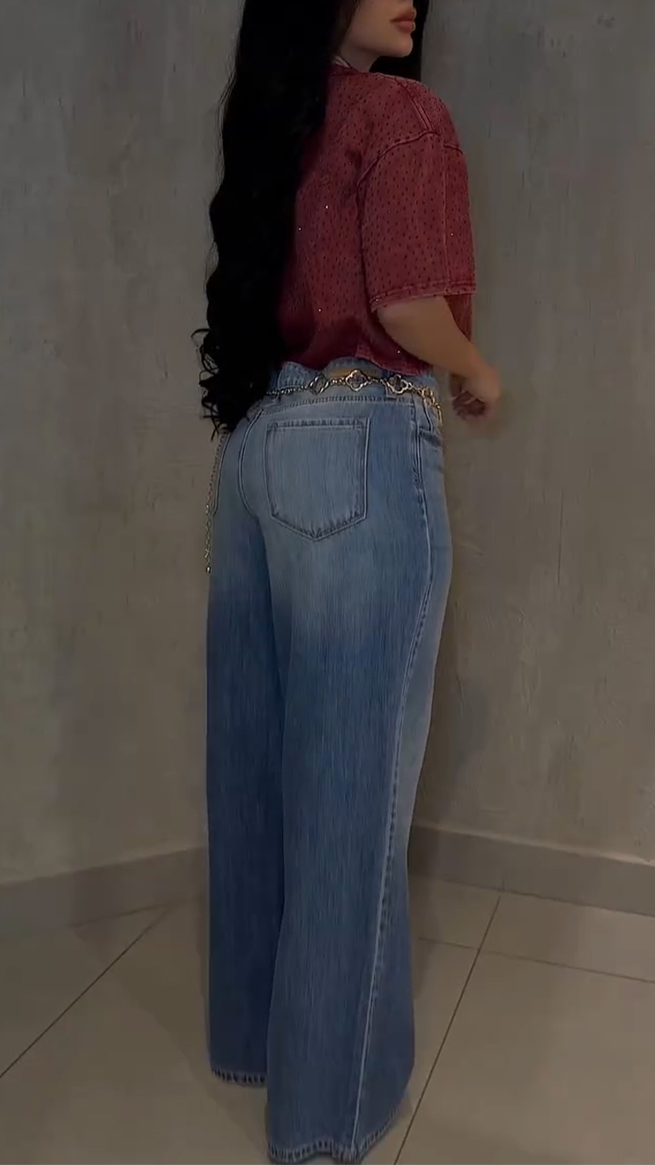 Women Round Neck Rhinestone Top + Jeans Casual Suit