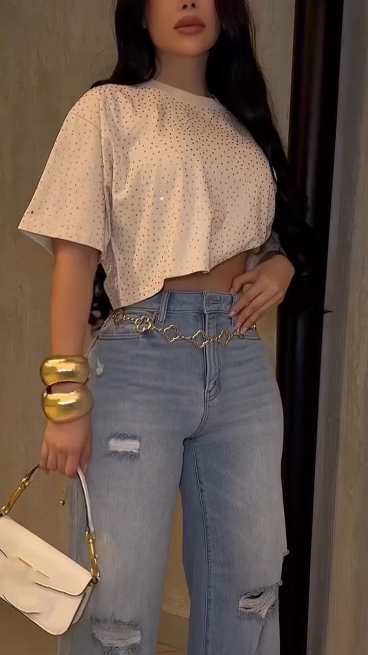 Women Round Neck Rhinestone Top + Jeans Casual Suit