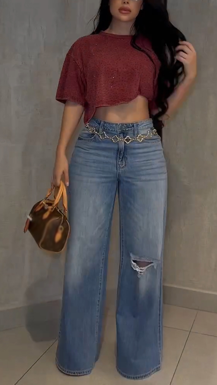 Women Round Neck Rhinestone Top + Jeans Casual Suit