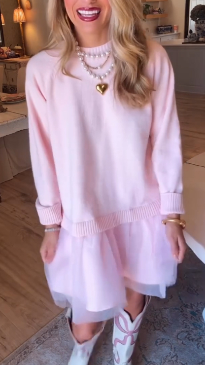 Women Round Neck Splicing Mesh Solid Color Casual Dress