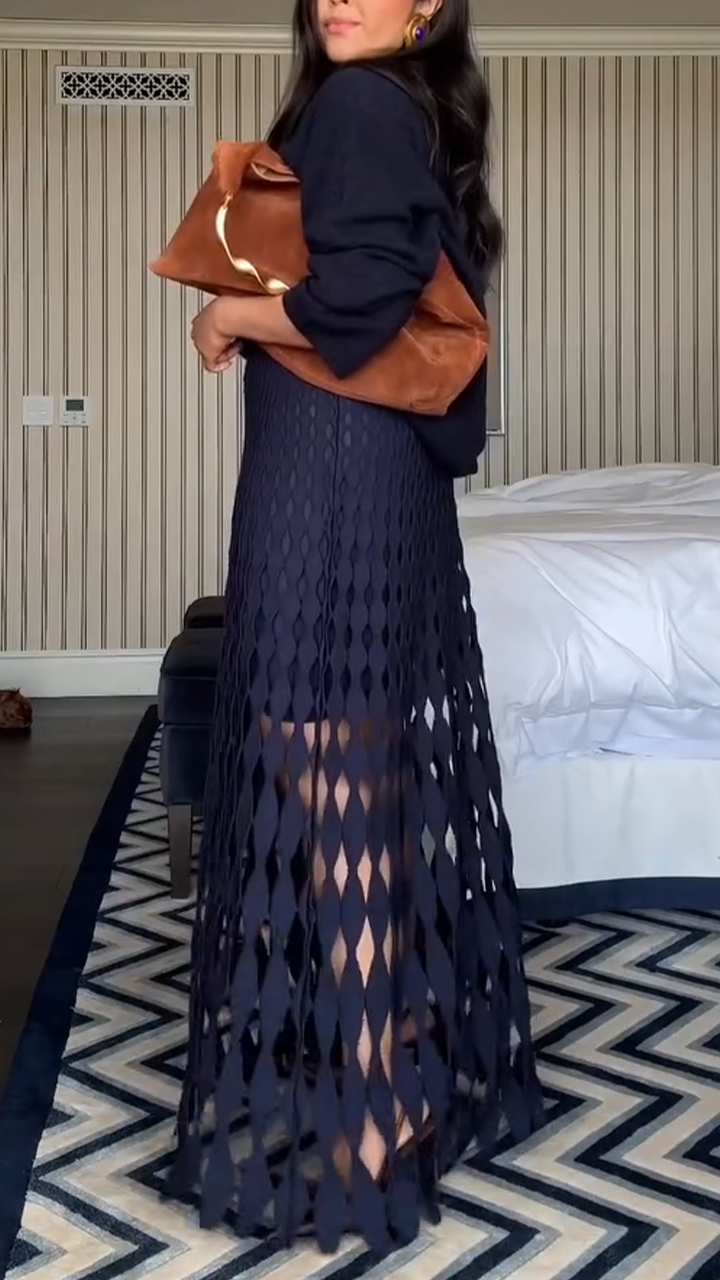 Women Round Neck Sweater + Printed Hollow Skirt Casual Suit