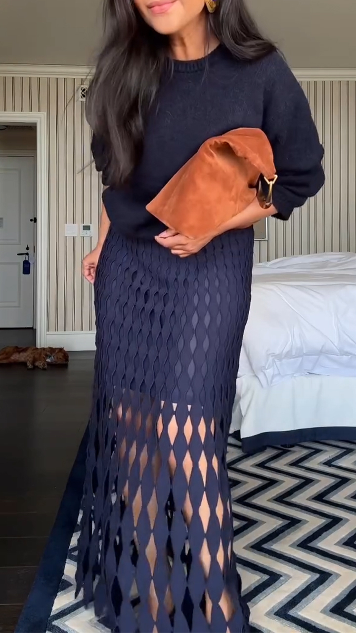 Women Round Neck Sweater + Printed Hollow Skirt Casual Suit